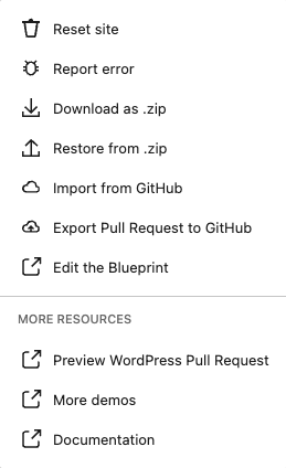 WordPress Playground Menu